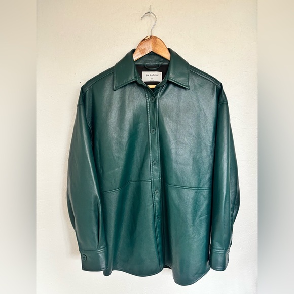 Babaton Aritzia Forest Green Pelli Faux Leather Vegan Button Down Shirt Jacket - Picture 4 of 12